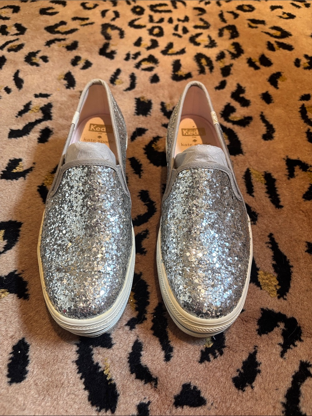 kate spade Keds Silver Glitter Slip-On Sneakers with White Soles - Brand New